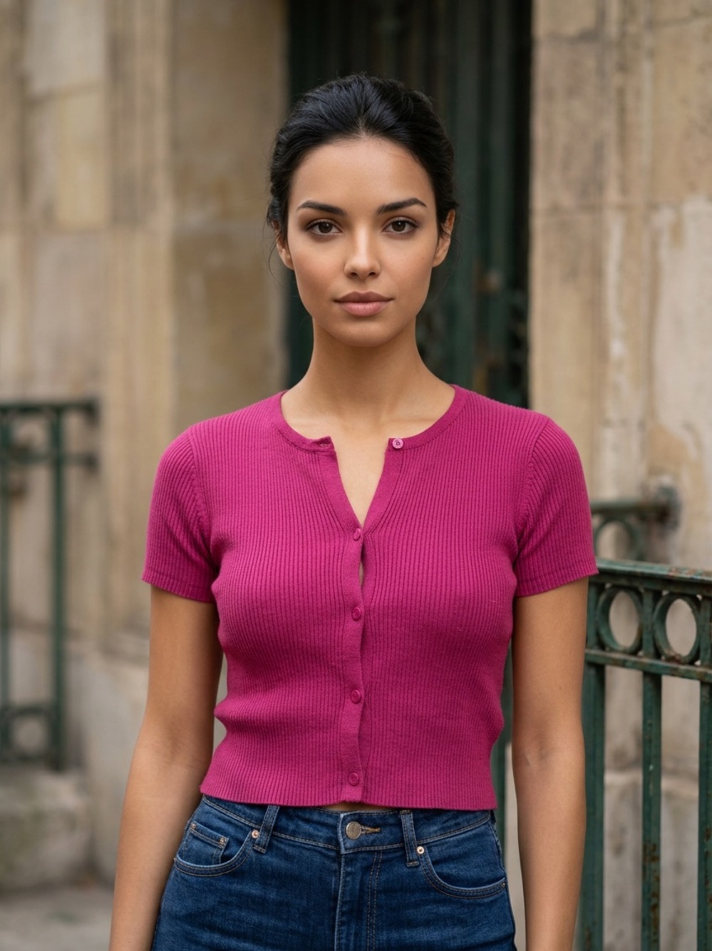 Garage Ribbed Button-Front Crop Top in Fuchsia